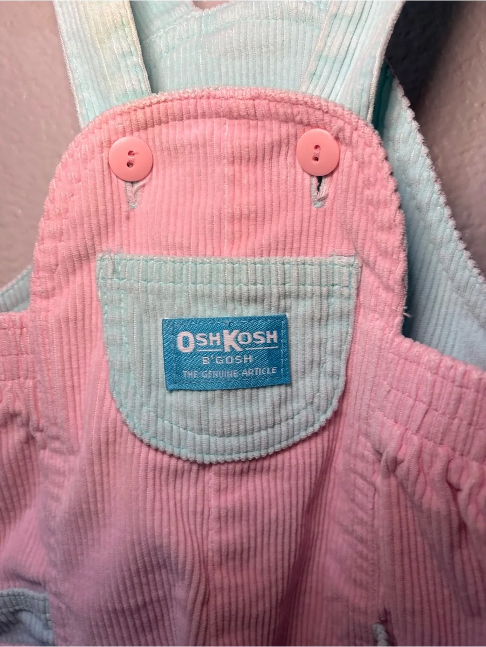 Vintage 90s Osh Kosh B'Gosh Girls Pink Mint Blue Vback Corduroy Overall USA 12 M
